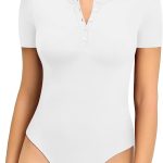 MANGOPOP Women's Round Neck Button Down Short Sleeve Long Sleeve Bodysuit Slim Fit Tops